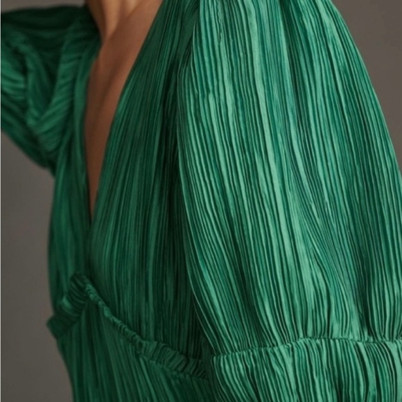 Anthropologie Green Wrap Tie Front Puff Sleeve Midi Dress - Picture 2 of 10